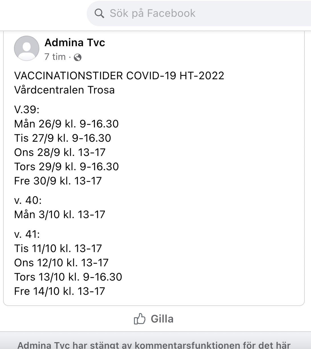 Du visar för närvarande Trosa Vårdcentral raggar kunder på Facebook